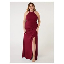 Azazie Burgundy Halter Ruched Side Slit Formal Maxi Dress Gown Wine Red Size 6