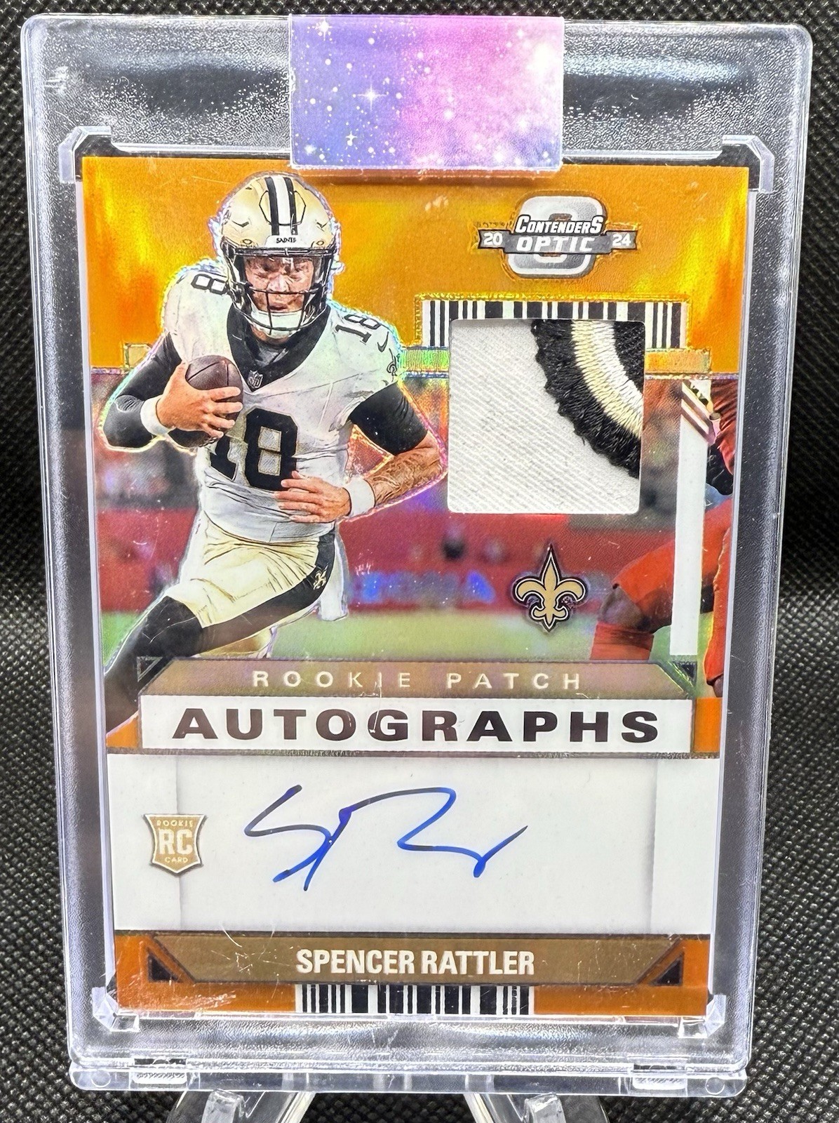 2024 Contenders Optic Spencer Rattler Rookie Patch Auto Orange /25 New Orleans