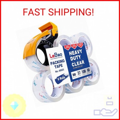 Heavy Duty Packing Tape with Metal Dispenser, Strong HD Clear Packaging Tape, 6 