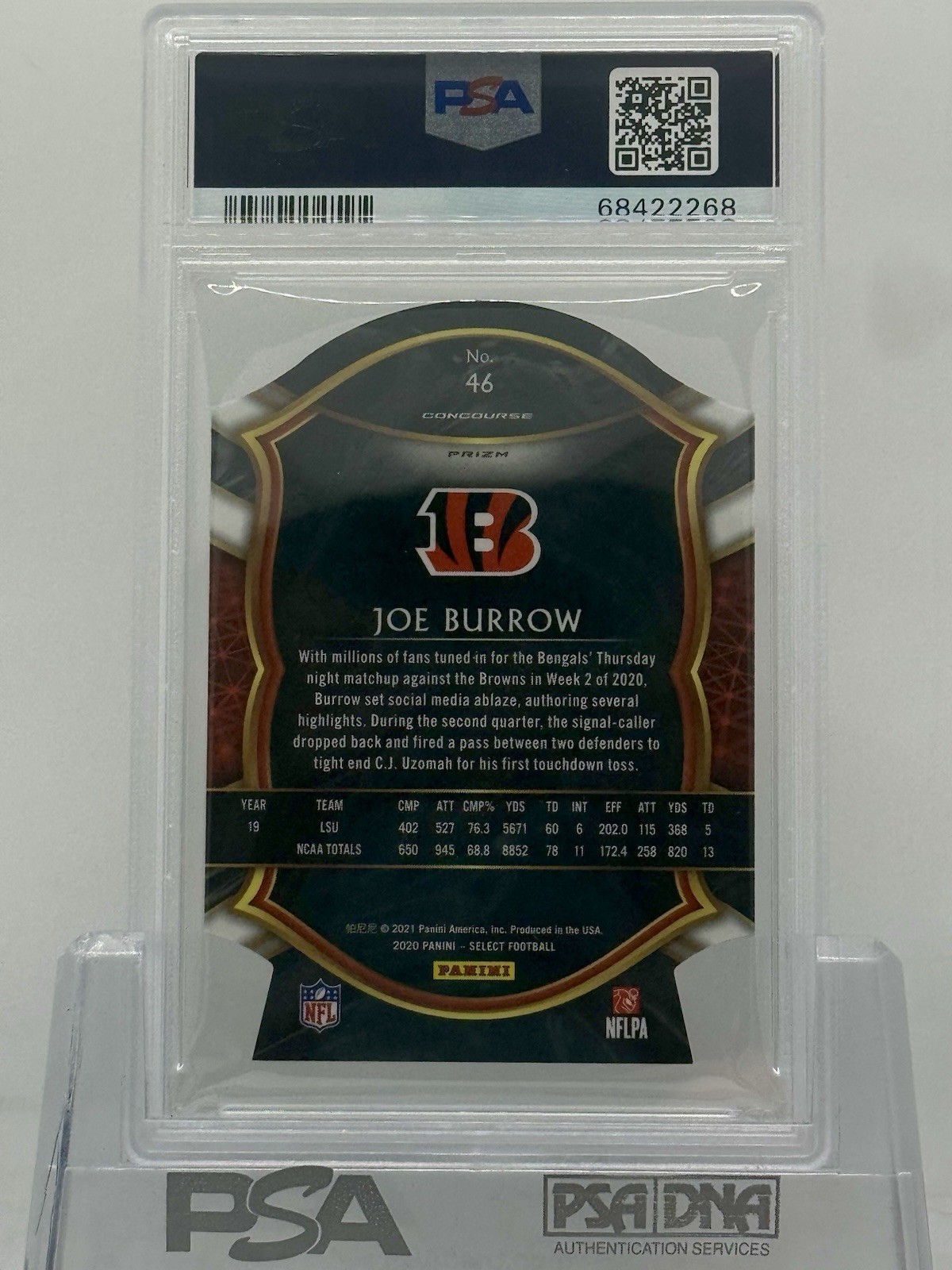 2020 Panini Select - Concourse Red Prizm Die-Cut #46 Joe Burrow (RC) PSA 10 view 2