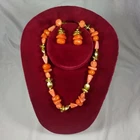 VTG Coral Tone Necklace & Earrings 3pc Set 16" Costume Jewelry Pink & Gold Tone