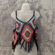 Shein Festival Fringe Crochet Halter Top Womens Size 2X Black Cropped Beach