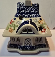 Polish Pottery Tealight Luminary Candle Holder House Holiday Pattern