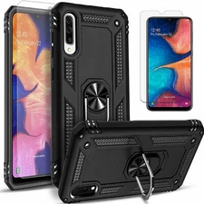 For Samsung Galaxy A50 Case, Ring Kickstand Cover Plus Tempered Glass Protector