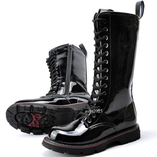 Mens Patent Leather Combat Punk Boots Military Knee High Motorcycle Mid Calf NEW - Picture 4 of 14