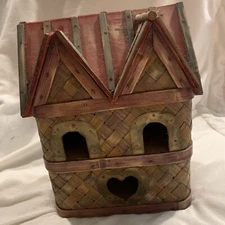 Vtg Hand crafted Bird House BAMBOO AND WICKER Two Story Island  Approx 12”X9”X7”