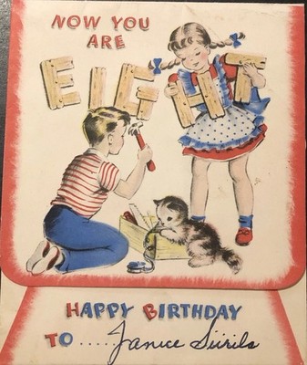 Vtg Birthday Greeting Card NOW U ARE EIGHT Girl Boy Building Sweet Kitten POPUP