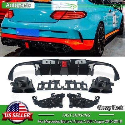 For 2015-18 Mercedes-Benz C205 Sport Coupe C300 C200 Rear Diffuser+Exhaust Tips