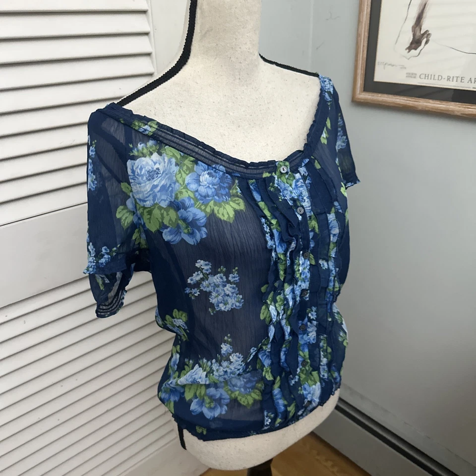 Blusa bohemia de verano campesina azul mediana ABERCROMBIE FITCH para mujer Foto 3 de 4