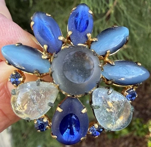 Vintage Blue Open Back Rhinestone crackle glass brooch pin Costume jewelry