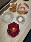 Vintage Pressed Glass Lot Carnival Glass Bowls Vase Red Amber 6 Pieces