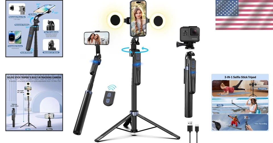 Extendable 70” Tripod with Gesture Control, Light & Remote - Ideal for Videos - Image 2 of 4