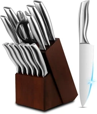 14 Pieces Kitchen Knife Set with Wood Block, Chef Knife with 6 Pieces Serrated