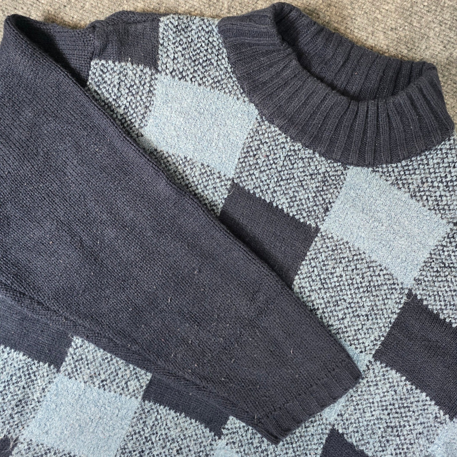 CAROLYN TAYLOR Luxury Women XL Blue Black Checkered Mock Neck Sweater Knit