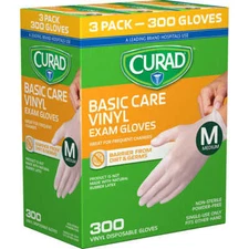 Curad Basic Care Vinyl Exam Gloves Medium Size, 3 Pack - 300 Gloves.