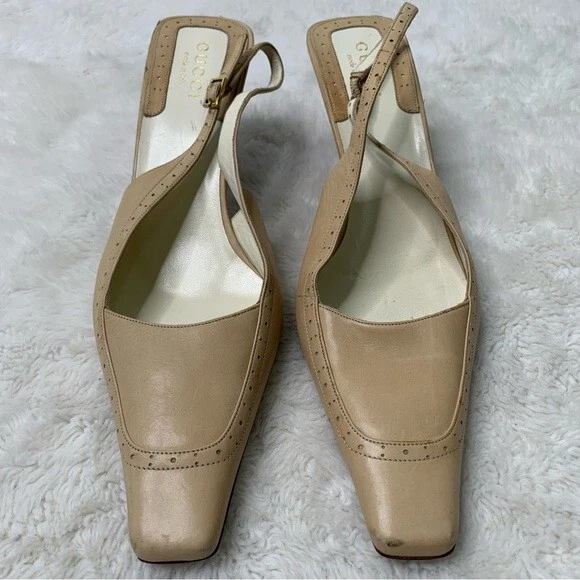 Chaussures escarpins femme vintage Gucci marron crème bout carré bride slingback pointure 9,5