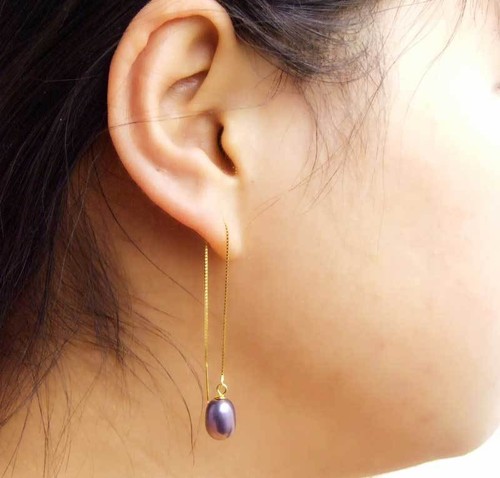 SALE 7-9mm Drop Black Natural pearl Gold-Color silver s925 Ear Line Earring-e660 - Picture 5 of 17