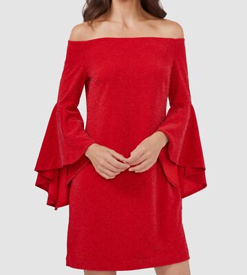 vince camuto off the shoulder bell sleeve dress $119 Vince Camuto Women's Red Off The Shoulder Flutter Sleeve Dress Size M