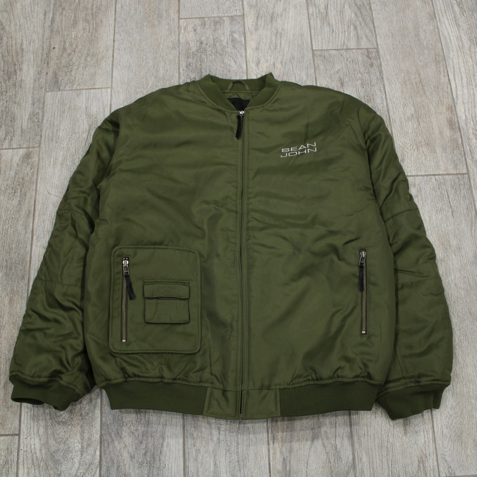 Sean John Olive Green Aviator Full Zip Bomber Jacket Men's Sz XL Nylon Y2K