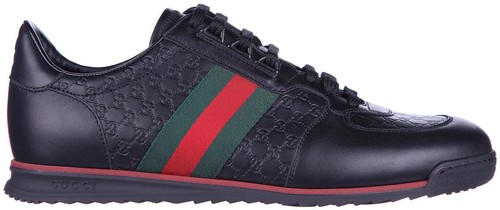 Gucci High Top Logo Black Beige Leather Canvas Sneaker 243827