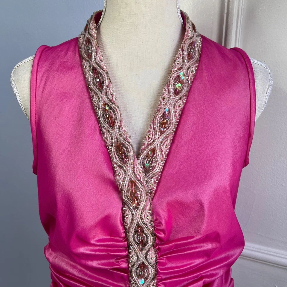 Top Y2K Vintage TADASHI Acanalado Cuentas Lentejuelas Metálico Rosa Caliente Para Mujer Talla 12 Foto 2 de 4