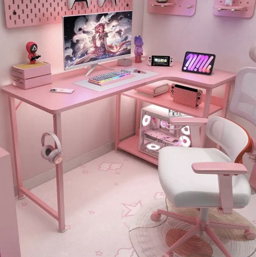 L Shaped Gaming Desk with Power Outlets Corner Computer Desk 110x80CM-pink 🚚💨 - Picture 4 of 8