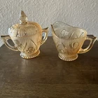 Vintage Jeanette Glass Iridescent Iris & Herringbone Marigold Cream Sugar Set