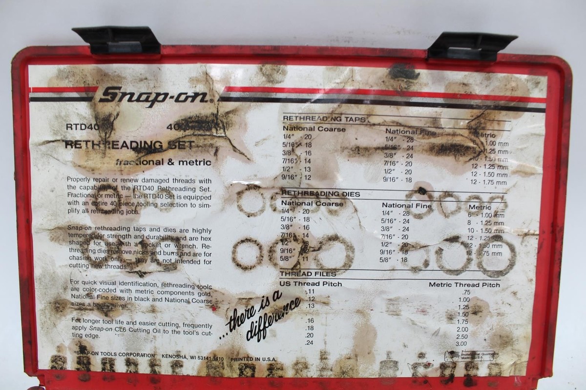 Snap-on RTD40 Rethreading Set SAE and Metric Plus 3 Thread