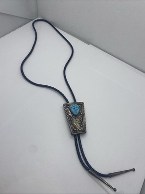 STERLING SILVER BOLO TIE Turquoise signed  F^G F G Beautiful Black leather