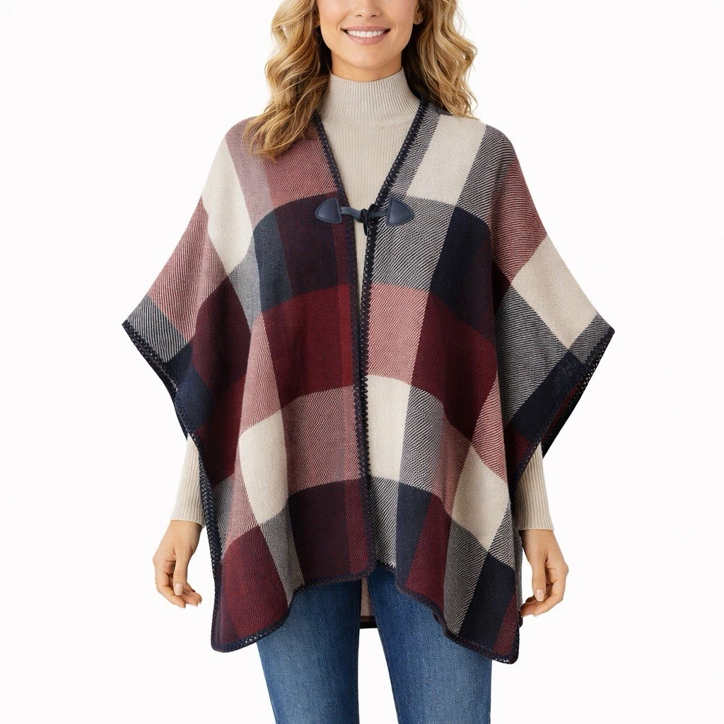 Chico’s Reversible Plaid Poncho Wrap One Size Toggle Closure NWOT Lightweight