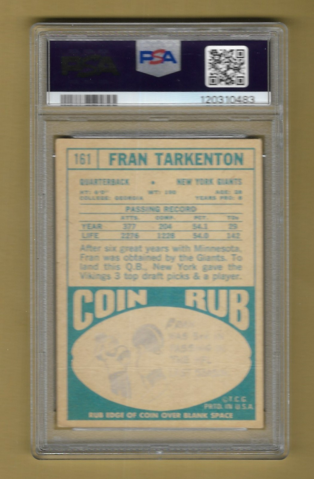FRAN TARKENTON 1968 TOPPS GRADED PSA 2 GOOD NFL VINTAGE! CARD #161 view 2