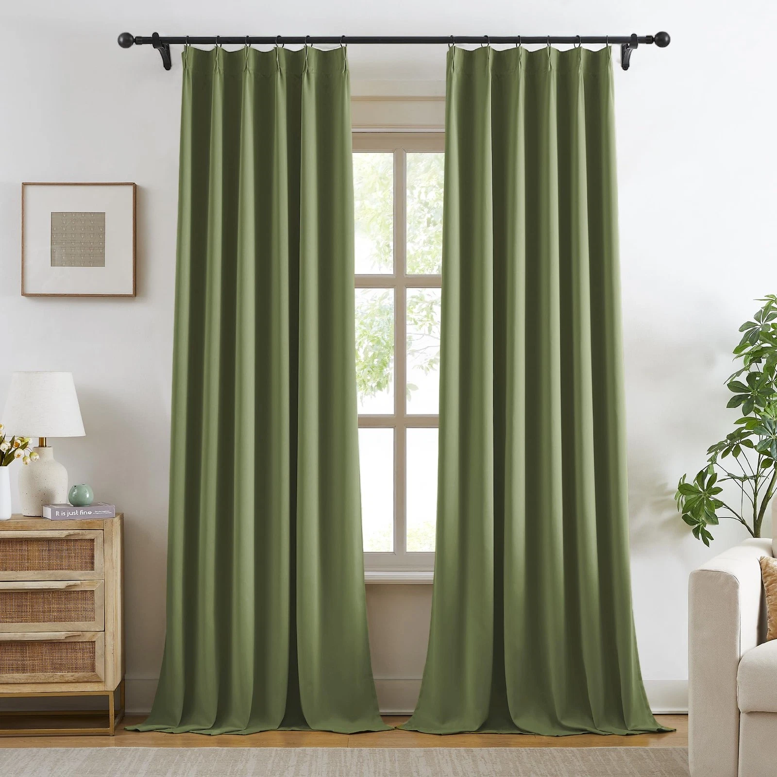 Kangbang Extra Wide Sage Green Blackout Curtains 102 Inches Long - Pinch