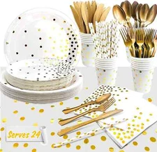 White and Gold Party Supplies 193pcs Golden Dot Disposable Party Dinnerware Set