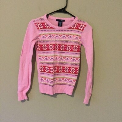 Basic Editions Girls Fair Isle Heart Pink Cotton Sweater Size L (10/12)