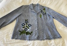 Focus | Women’s Sz Large Blue Button Front Embroidered Jacket Blazer | Frayed