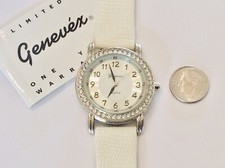 NWT ~ Ladies GENEVEX ~ CZ Case ~ MOP Dial ~ White Leather ~ Watch Wristwatch