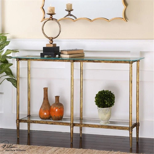 Uttermost Elenio Modern Cast Iron and Glass Console Table in Gold - Picture 5 of 6