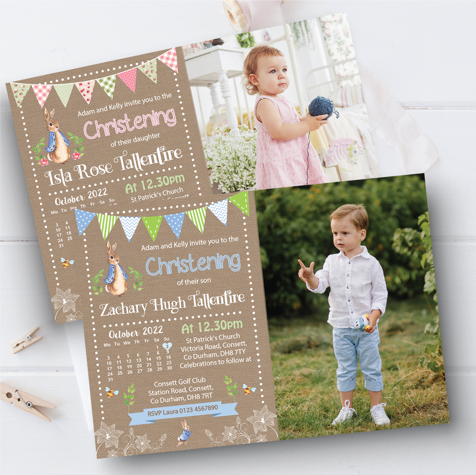 Personalised Peter Rabbit Christening Invitations Photo Baptism Naming Day x10