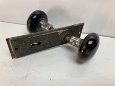 Vintage Pair Of Black Glass  Door Knobs With Shaft And Back Plates (B)