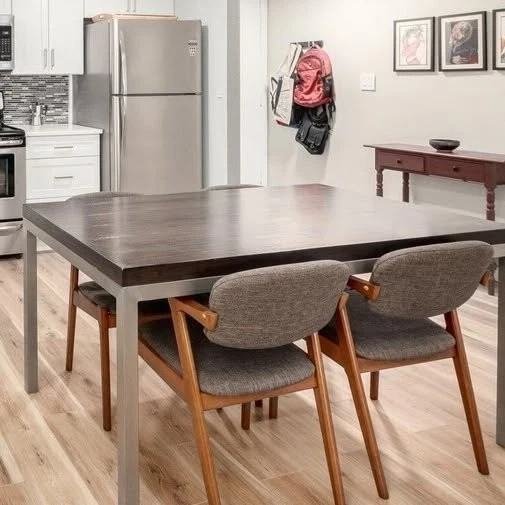 Crate&Barrel dining table - Veneer wood and stainless steel - 60" x 36" x 30" - Image 4 of 4