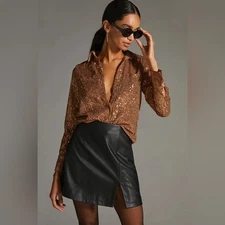 Anthropologie Remie Sequin Button Front Shirt Blouse Large Gold Bronze Top