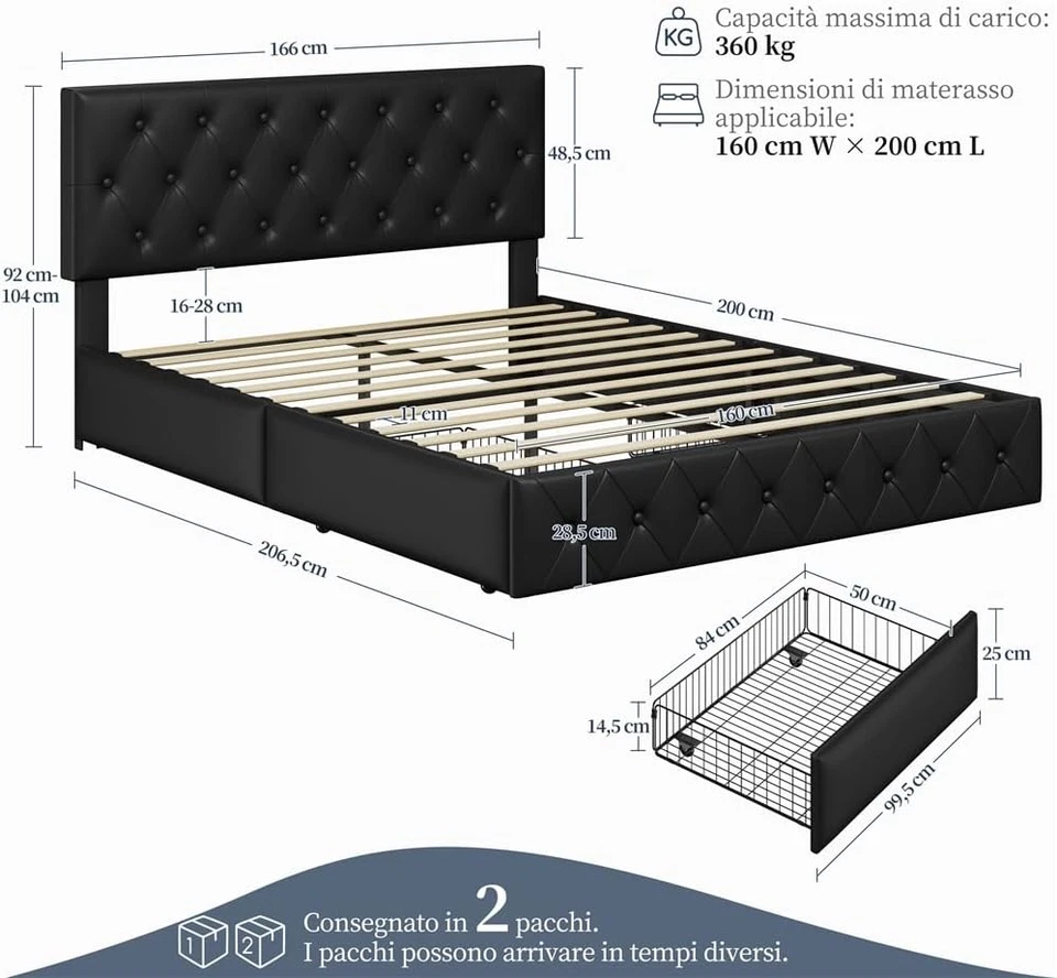 Letto Imbottito Matrimoniale 160 X 200 Cm Con 2 Cassetti Letto Contenitore Con S - Immagine 2 di 4