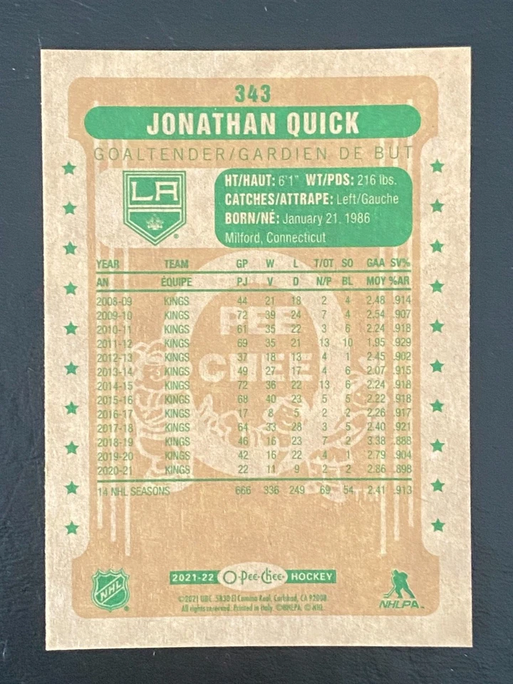 Jonathan Quick 2021-22 O-Pee-Chee Hockey Retro #343 Los Angeles Kings - Image 2 of 2
