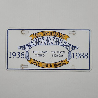 #ad Vintage Blue Water Bridge Novelty License Plate 80s Michigan Canada 1938 1988 $21.95