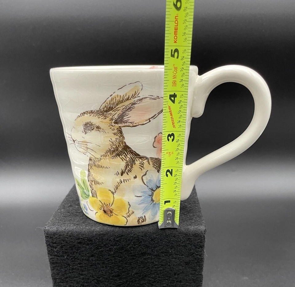Кружка Prairie Rabbit Bunny коричневая белая коренастая 4,5 дюйма цветы максера весенний цветочный узор - Изображение 3 из 4
