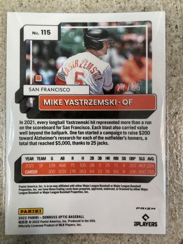 2022 Donruss Optic Mike Yastrzemski #115 Teal Velocity Prizm /35 SF Giants 🔥 - Foto 2 di 2
