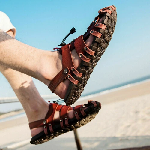 Herren Leder Strandsandalen Sandaletten Schnürung Mode Trekking Sommer Schuhe DE - Bild 12 von 24