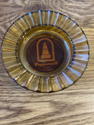 Vintage Ashtray- THE PEPPERMILL Mesquite Reno Las Vegas 4-1/2'' Amber glass