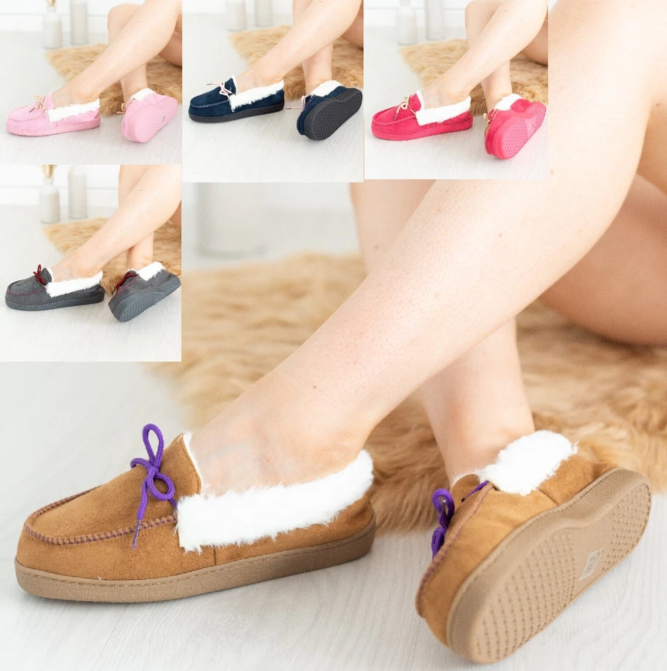 LADIES WOMENS FLAT WARM MOCCASIN INDOOR OUTDOOR SOFT BED TIME SLIPPERS SHOES SZ