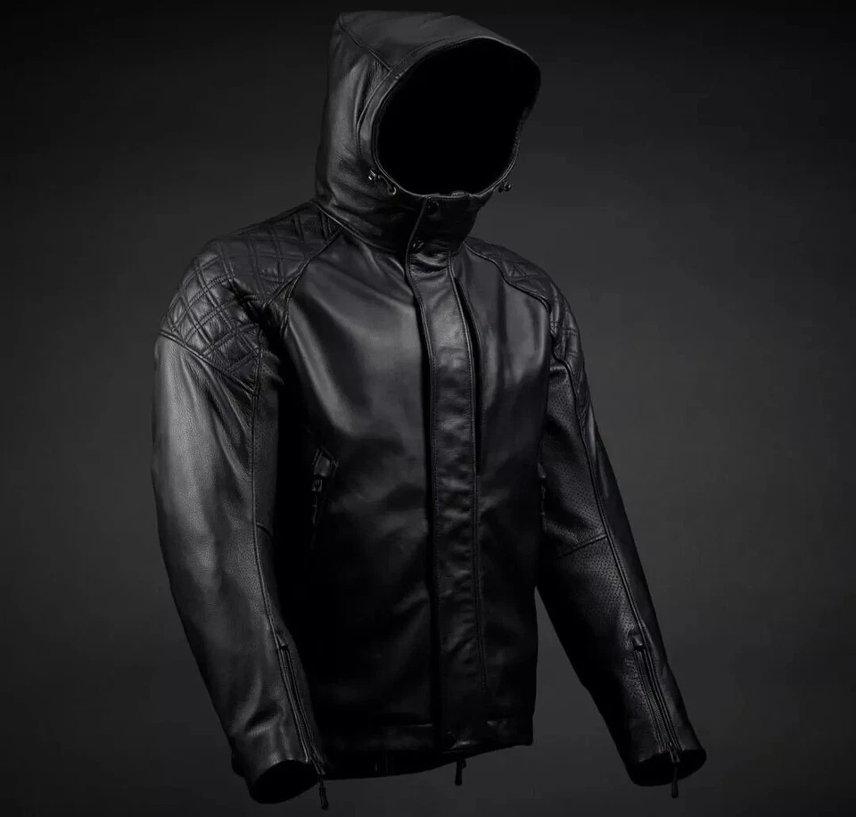 ENIGINEHAWK Leather Motorcycle/Motorbiker  Hooded Jacket For Men's with CE Armor - Image 3 of 4